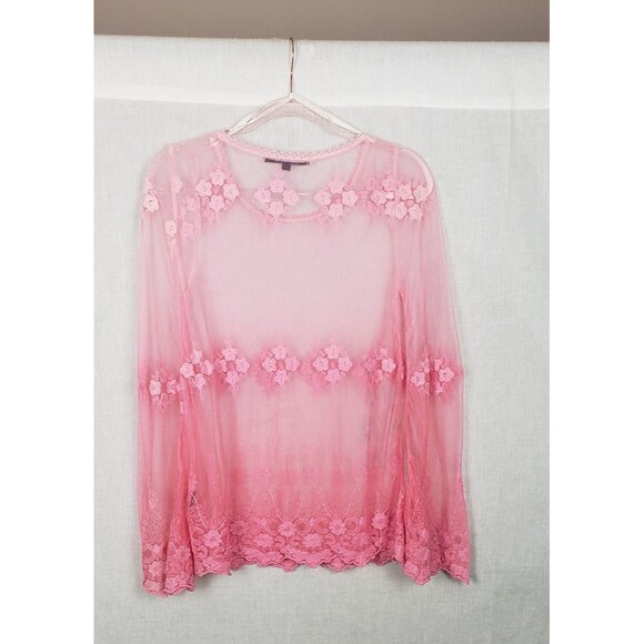 Love Stitch Blouse Top S Ombre Pink Tulle Floral Sheer Boho Etheral Fairycore - Picture 2 of 7